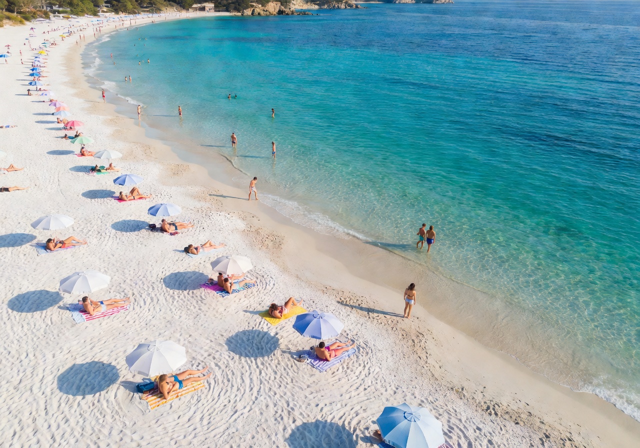 Aerial view of a perfect European beach with turquoise water, white sand and people relaxing under the sun