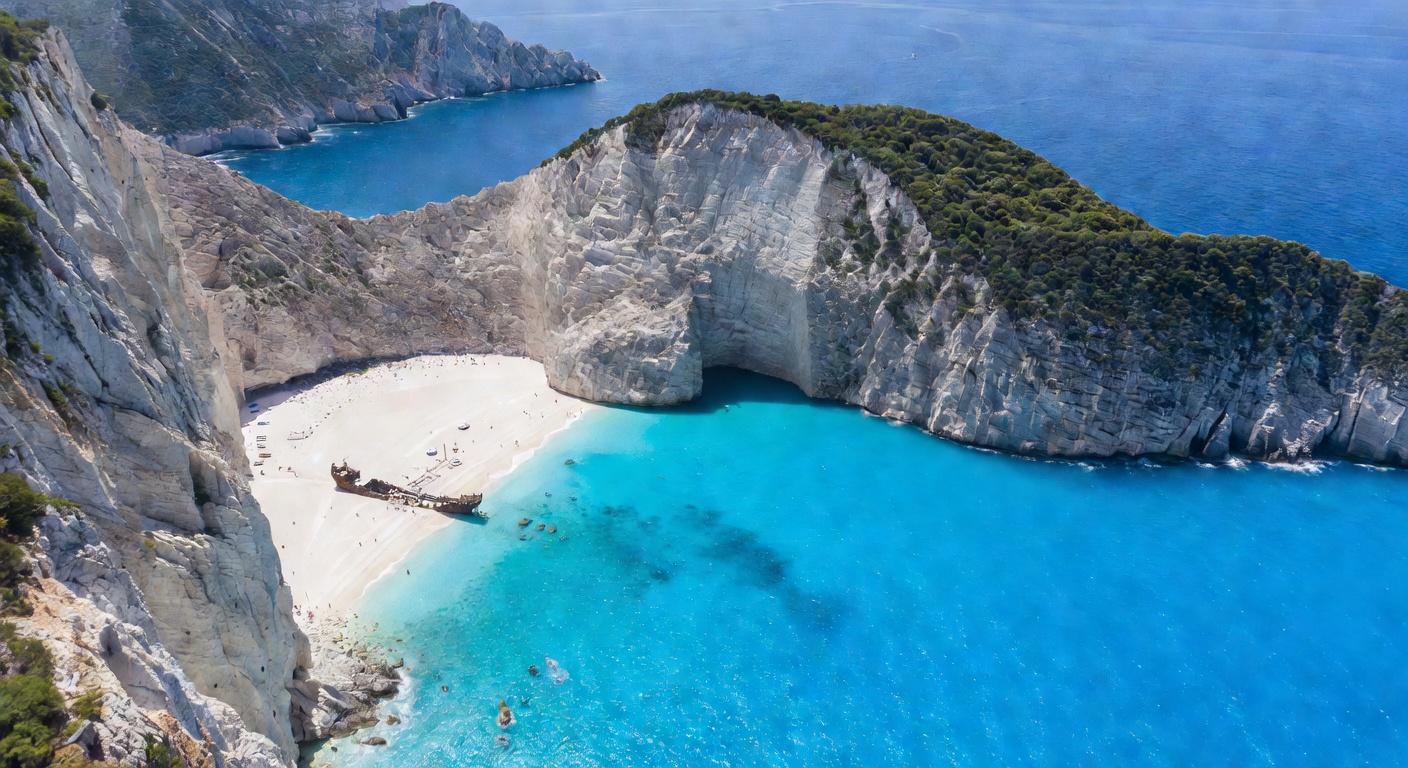 Aerial view of Navagio Beach Zakynthos with turquoise water, shipwreck and towering white cliffs
