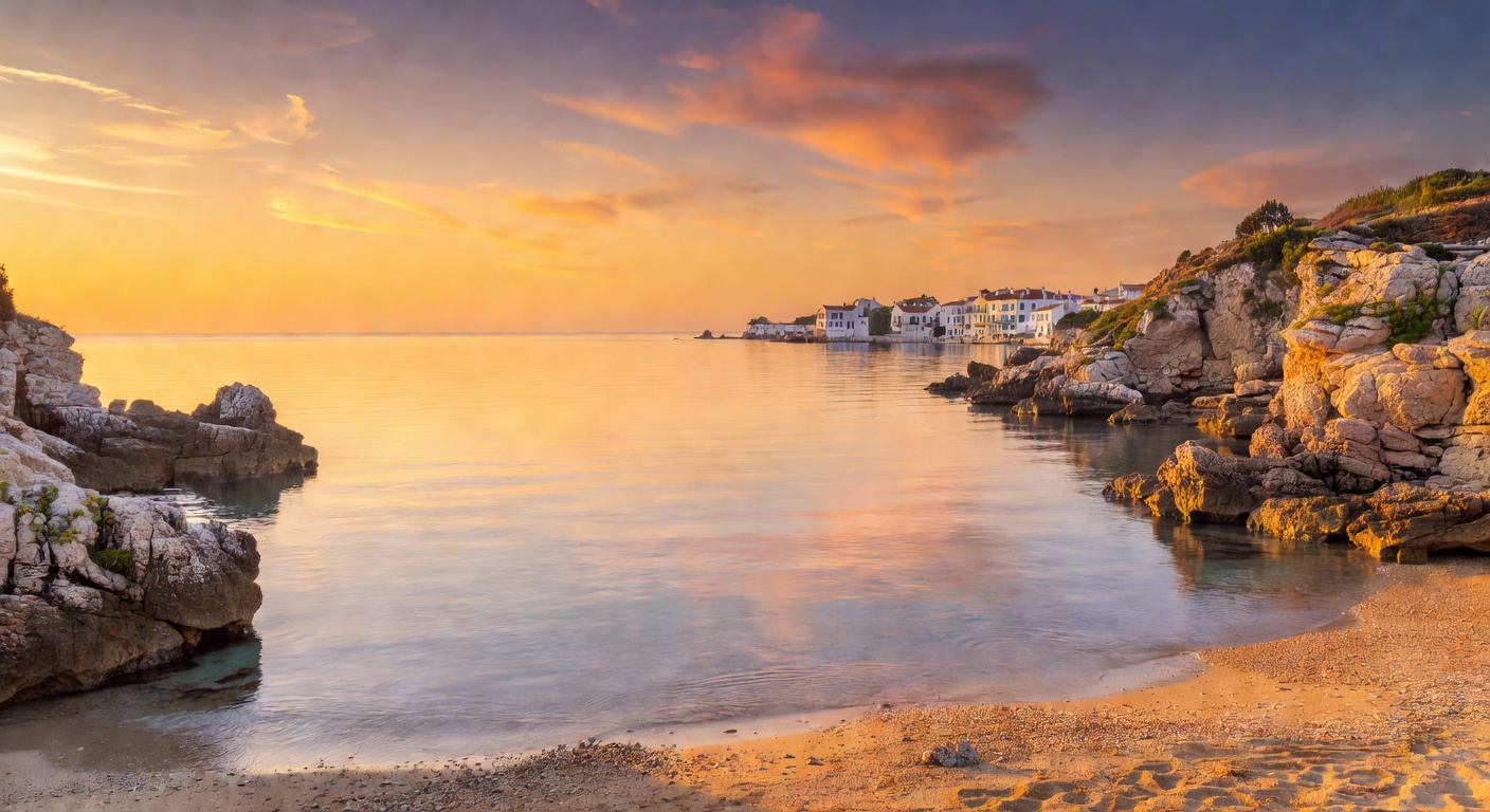 Beautiful European seaside view at golden hour with calm ocean waters stretching to the horizon