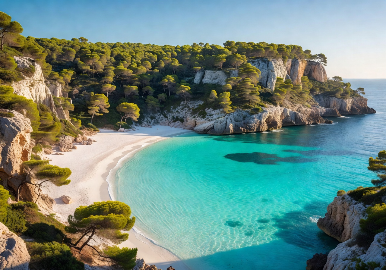 Cala Macarella Menorca with turquoise cove surrounded by pine-clad cliffs