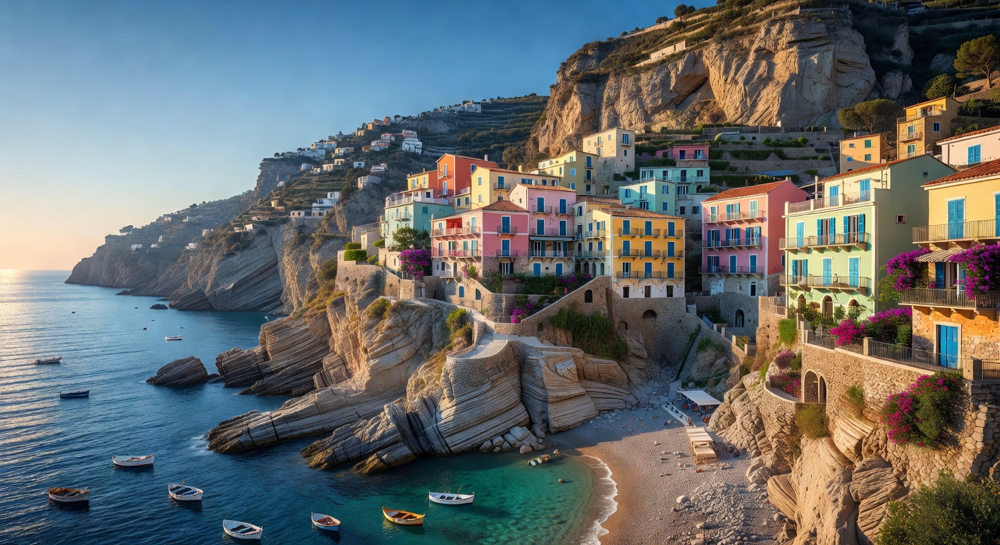 Colorful coastal European town with houses perched on cliffs overlooking the blue Mediterranean sea