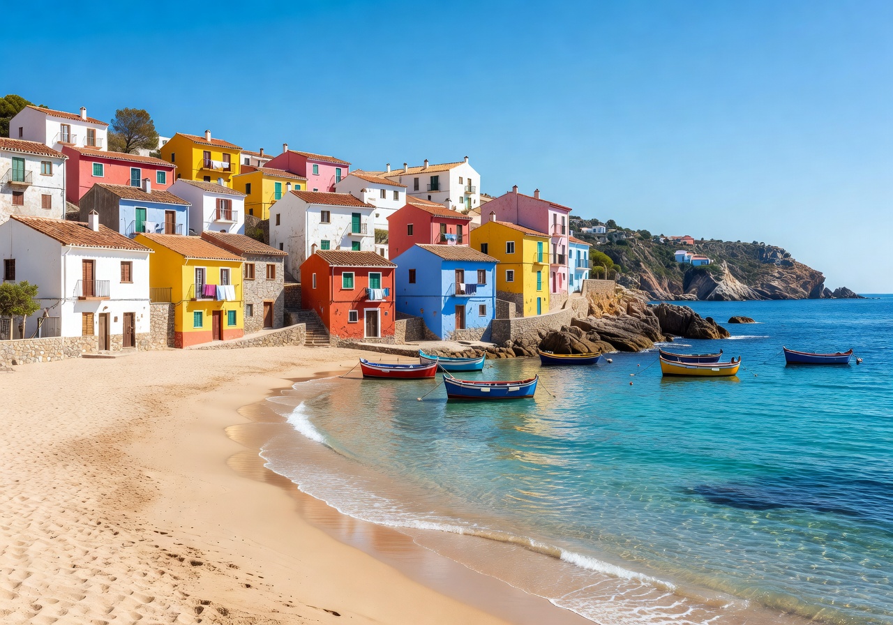 Colorful coastal town in Spain with Mediterranean blue water and sandy beach