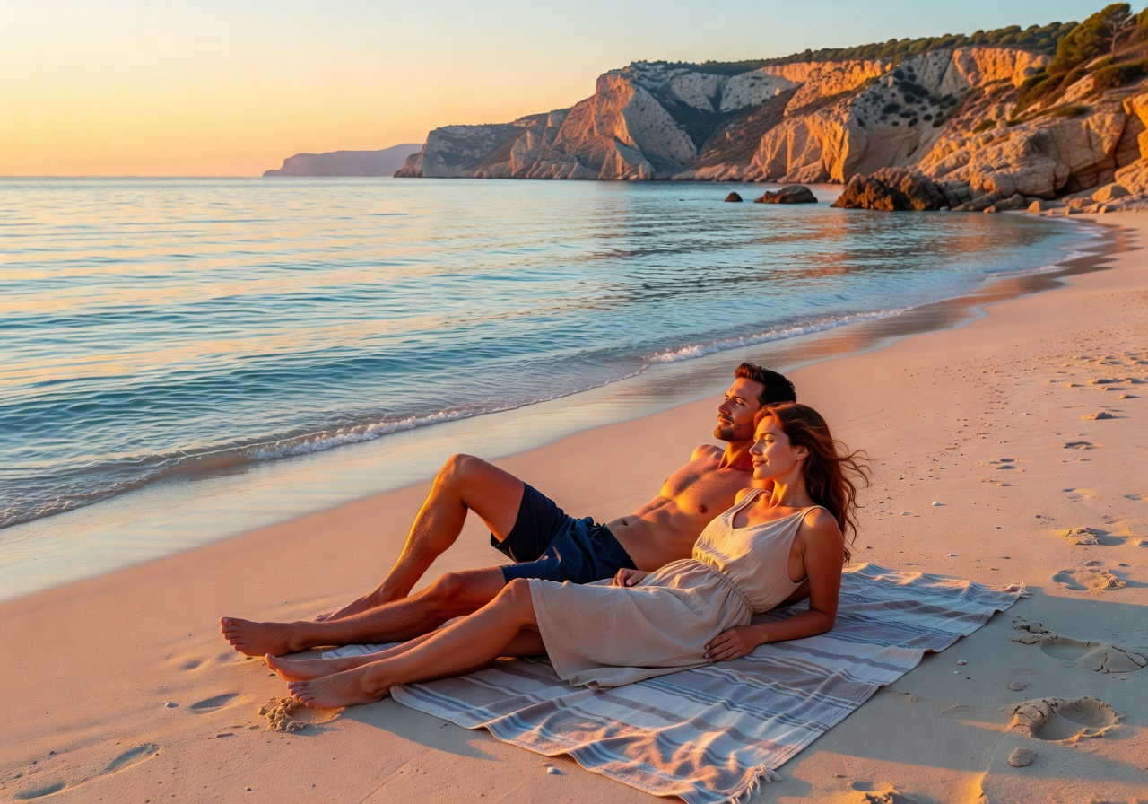 Couple relaxing on a European beach during golden hour with calm turquoise waters