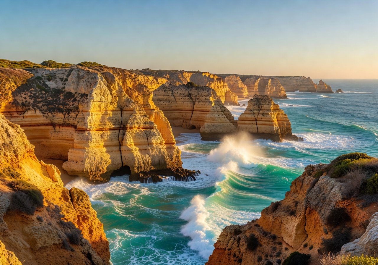 Dramatic Algarve coastline Portugal with golden limestone cliffs and turquoise Atlantic Ocean