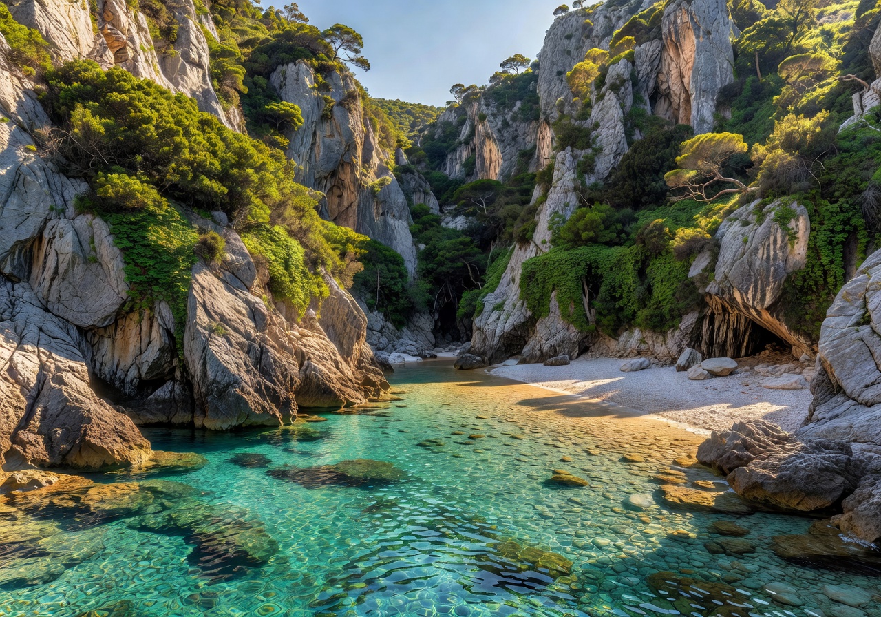 Secluded hidden cove in Europe with crystal clear water surrounded by cliffs