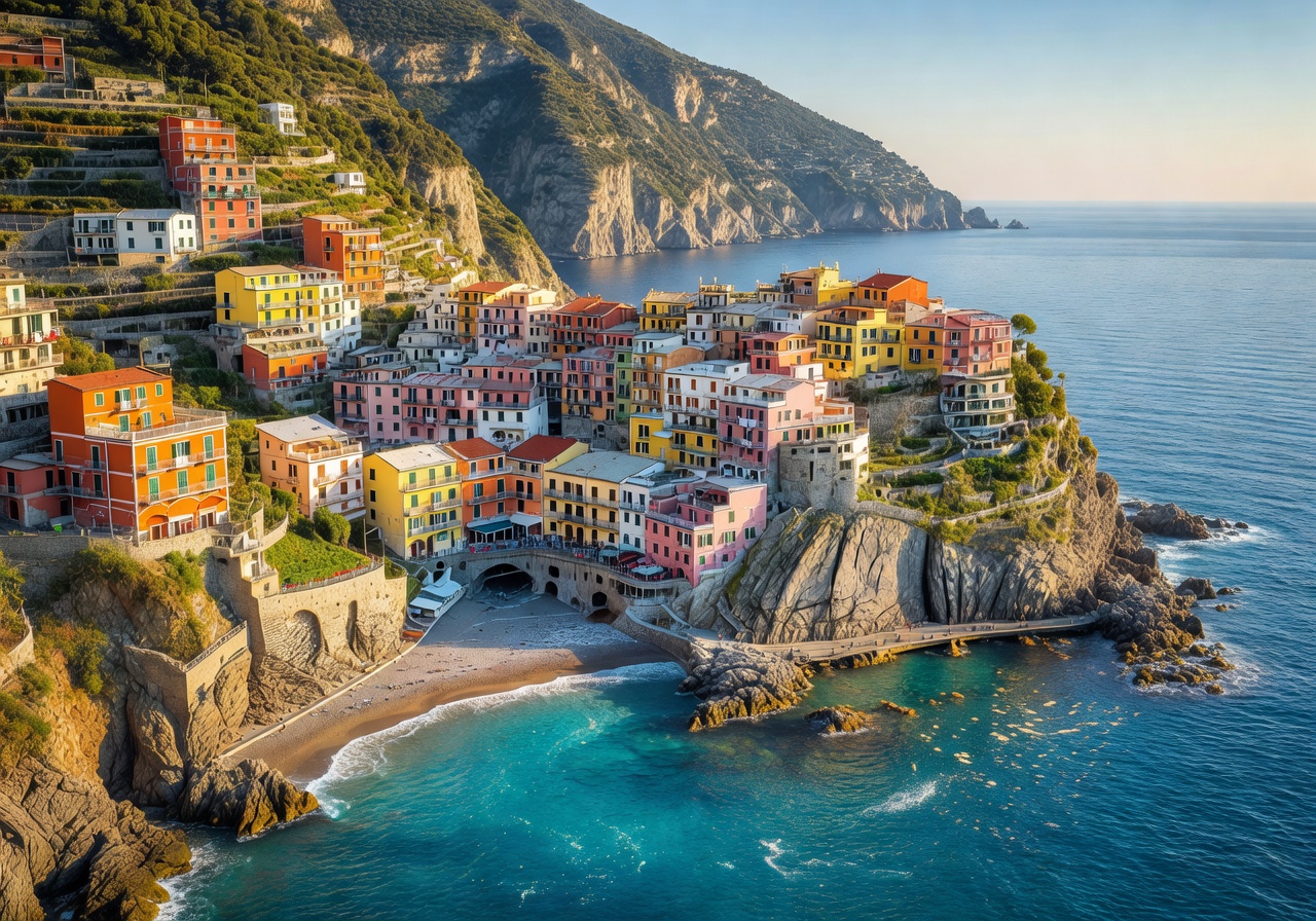Amalfi Coast Italy with colorful houses perched on seaside cliffs