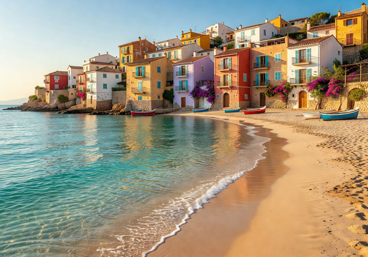 Mediterranean coast of Spain with turquoise water, sandy beach and colorful seaside town
