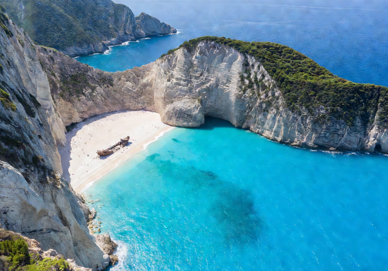Navagio Beach Zakynthos aerial view with turquoise water, shipwreck and white limestone cliffs