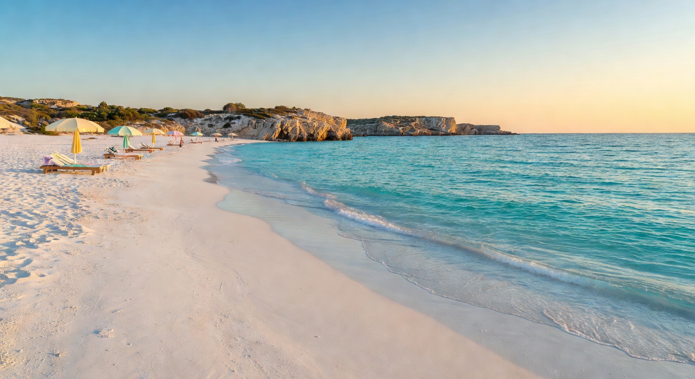 Turquoise European beach with crystal clear water, white sand and dramatic cliffs under sunny sky