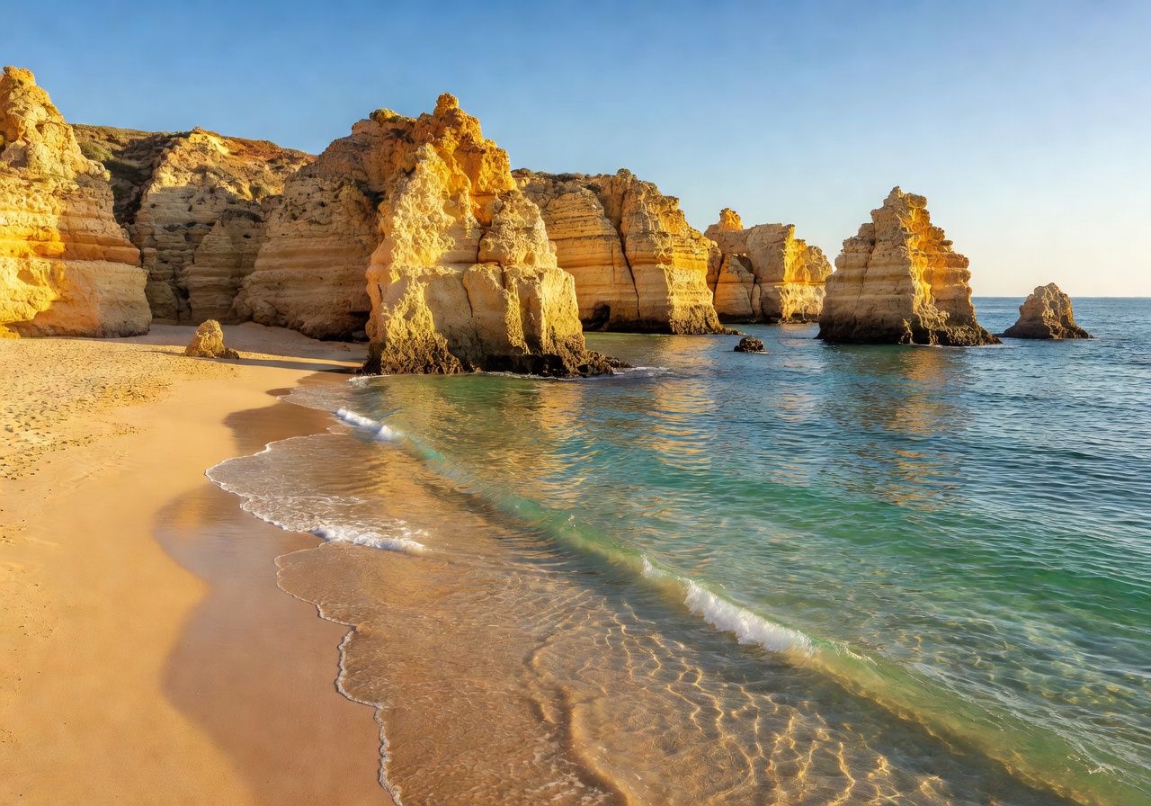 Praia da Marinha Algarve Portugal with dramatic golden limestone rock formations and clear blue ocean