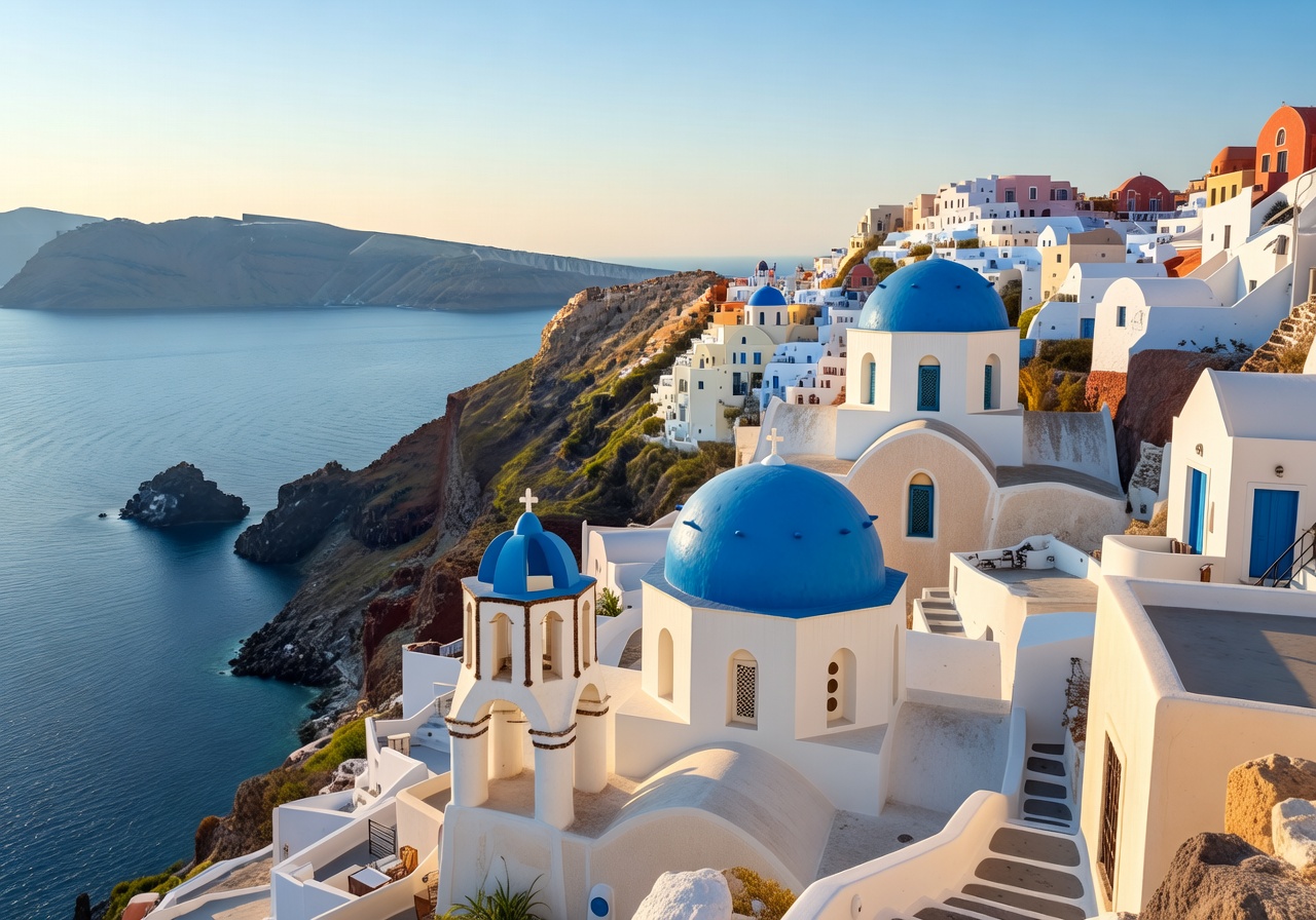 Santorini Greece blue domed churches with whitewashed buildings overlooking the deep blue Aegean Sea
