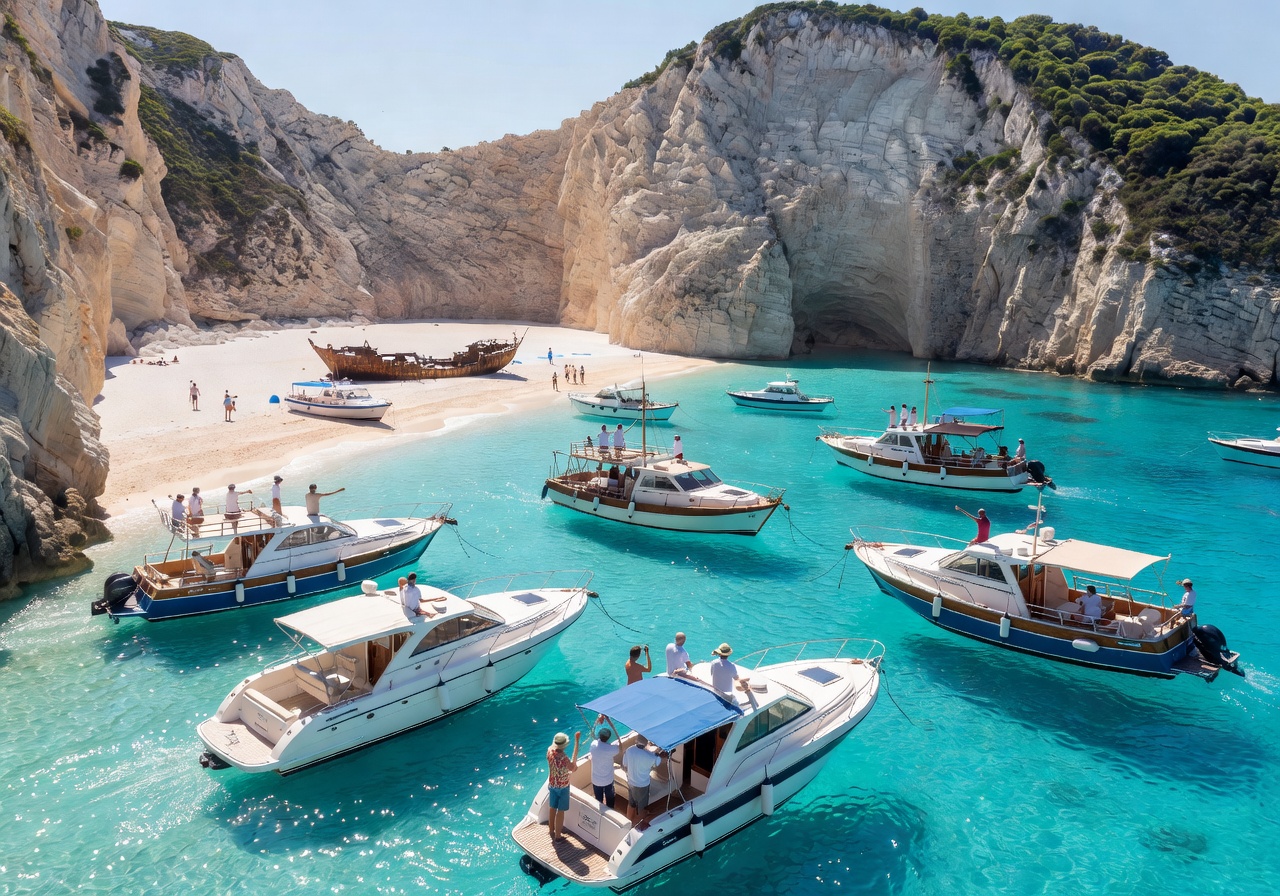 Tour boats approaching Navagio Beach through crystal clear Mediterranean waters
