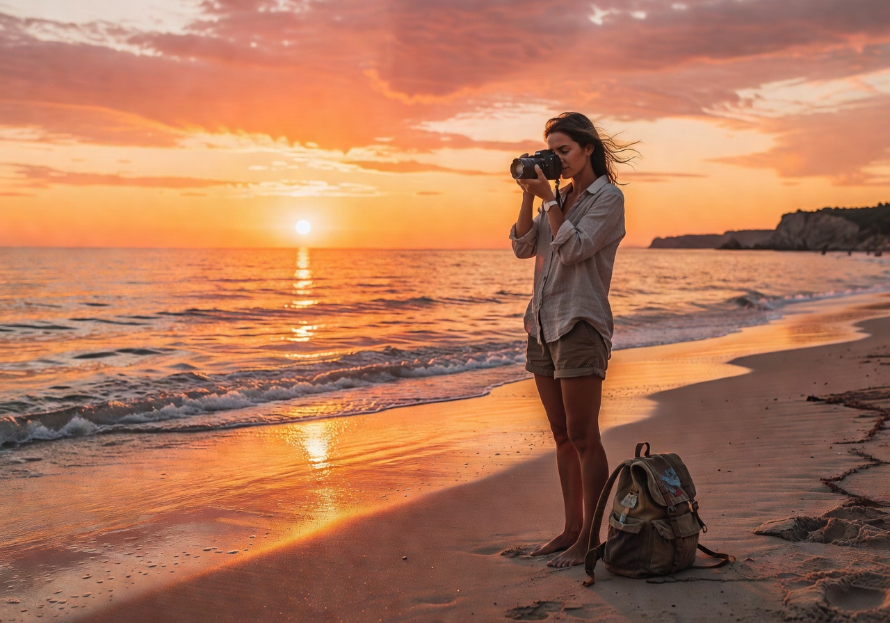 Travel blogger at a European beach during sunset with dramatic orange and pink sky